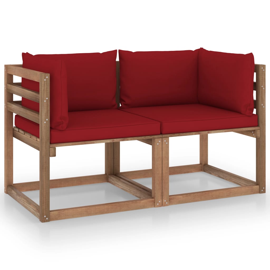  Pallsoffa 2-sits med vinröda dynor furu