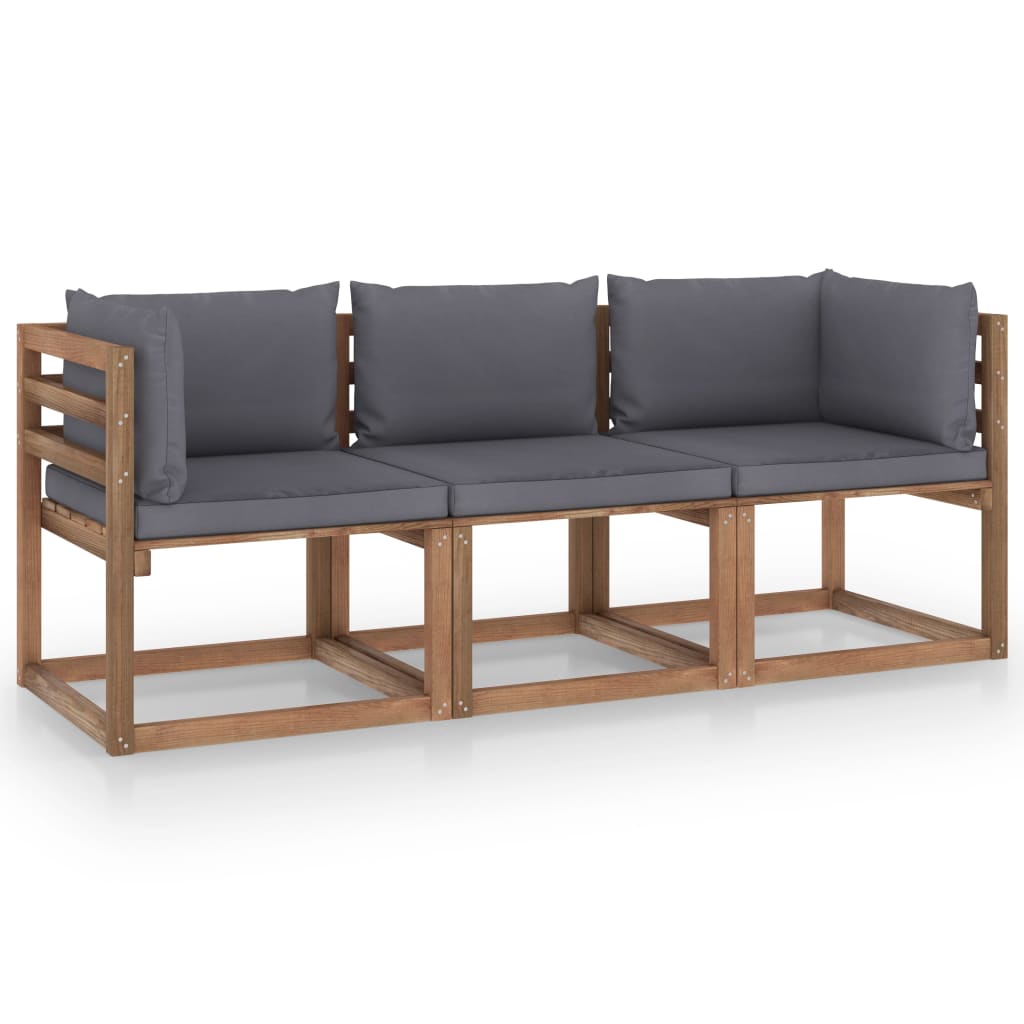  Pallsoffa 3-sits med dynor antracit massiv furu