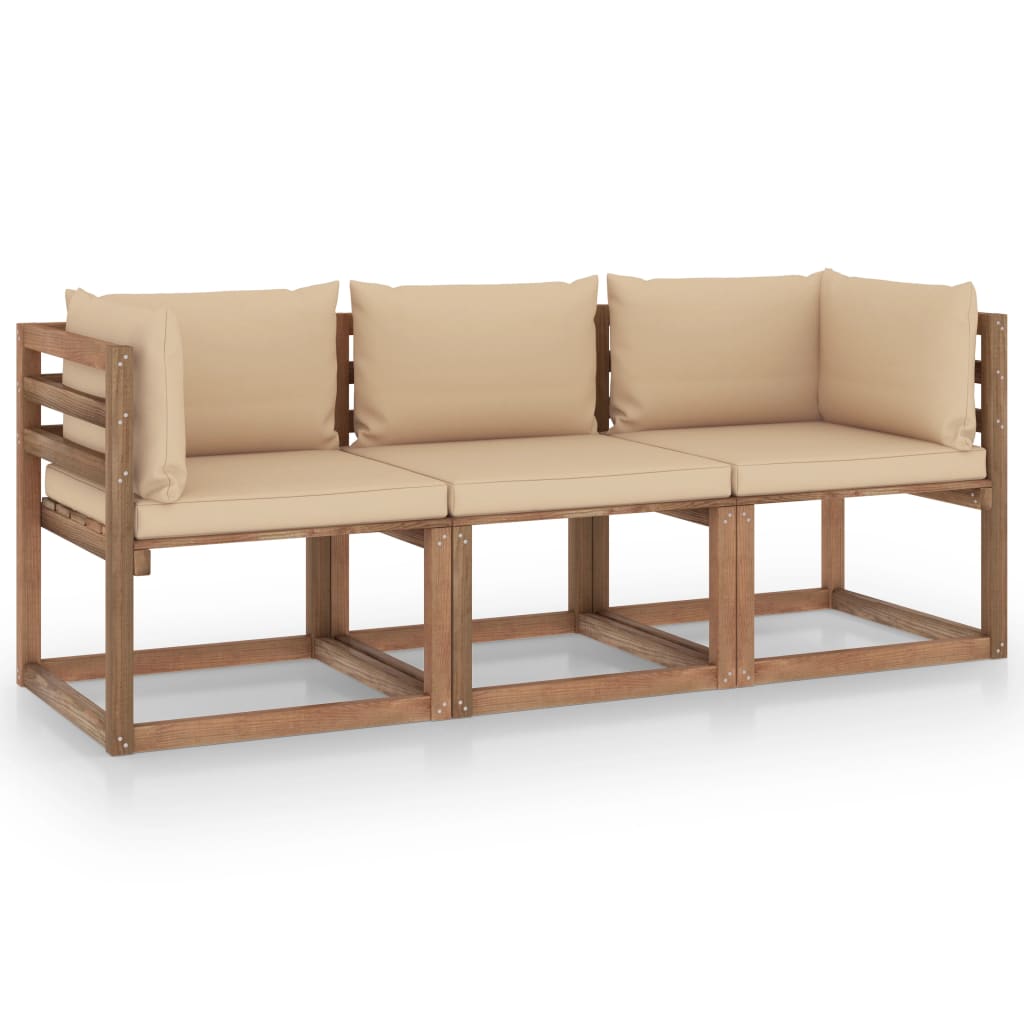  Pallsoffa 3-sits med dynor beige massiv furu