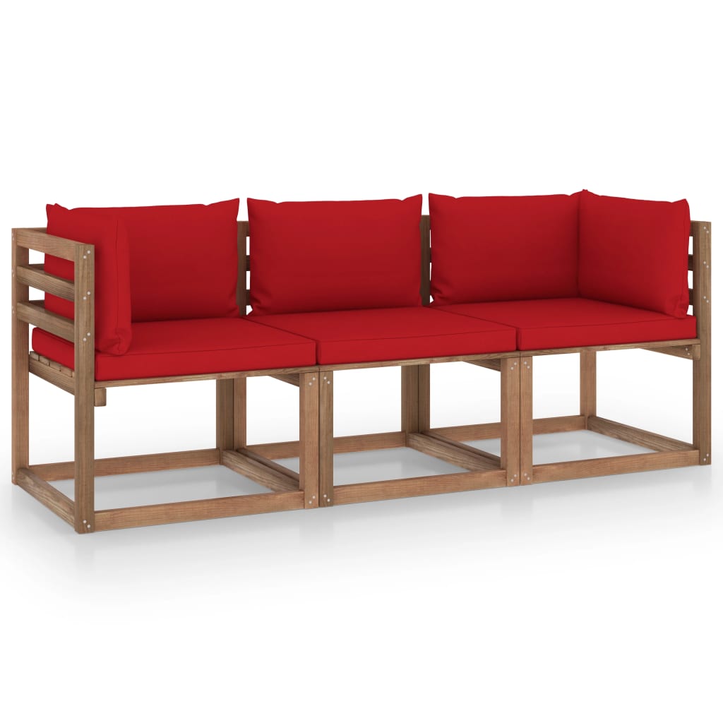  Pallsoffa 3-sits med röda dynor furu