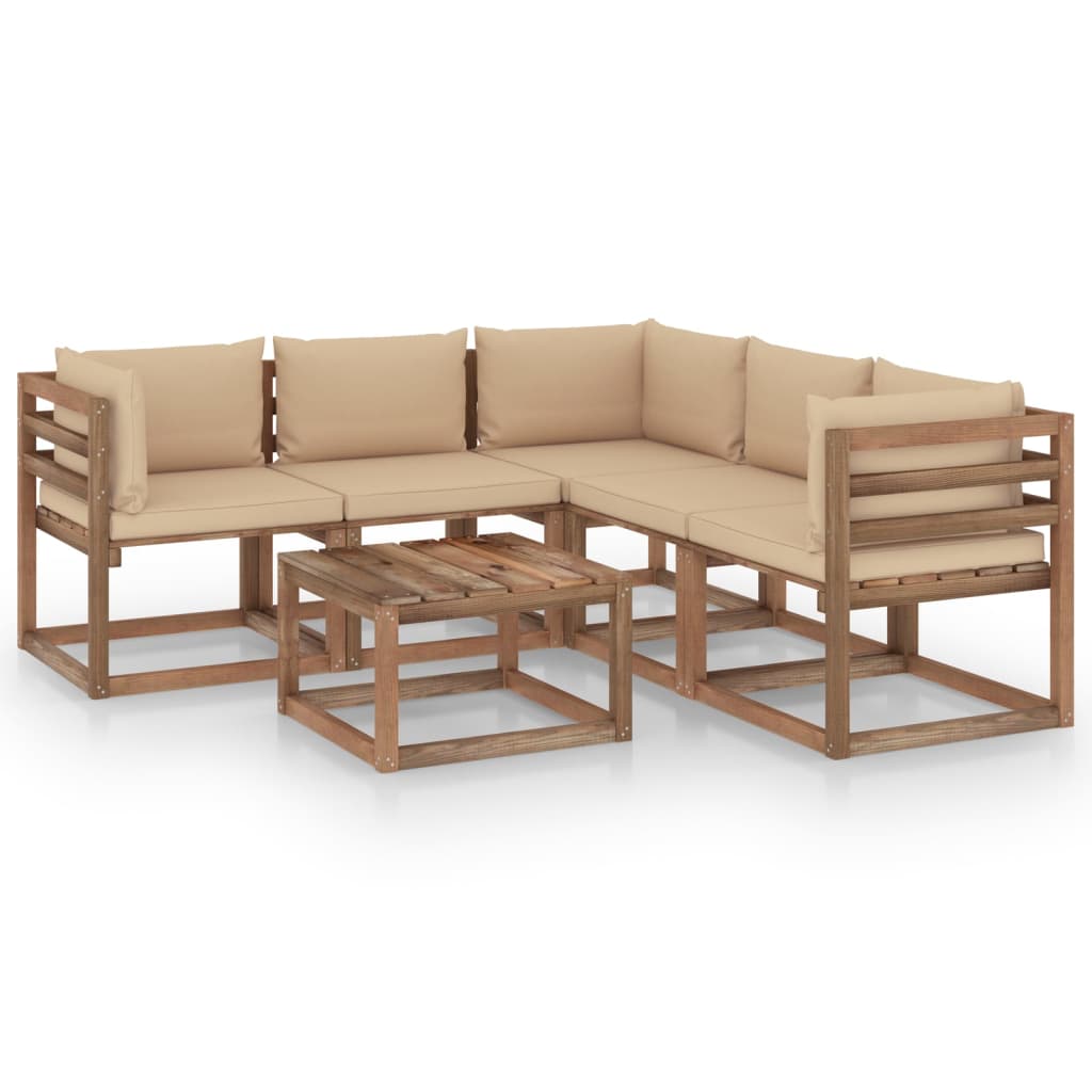  Loungegrupp med beige dynor 6 delar impregnerad furu