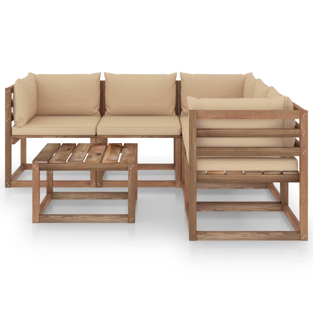  Loungegrupp med beige dynor 6 delar impregnerad furu