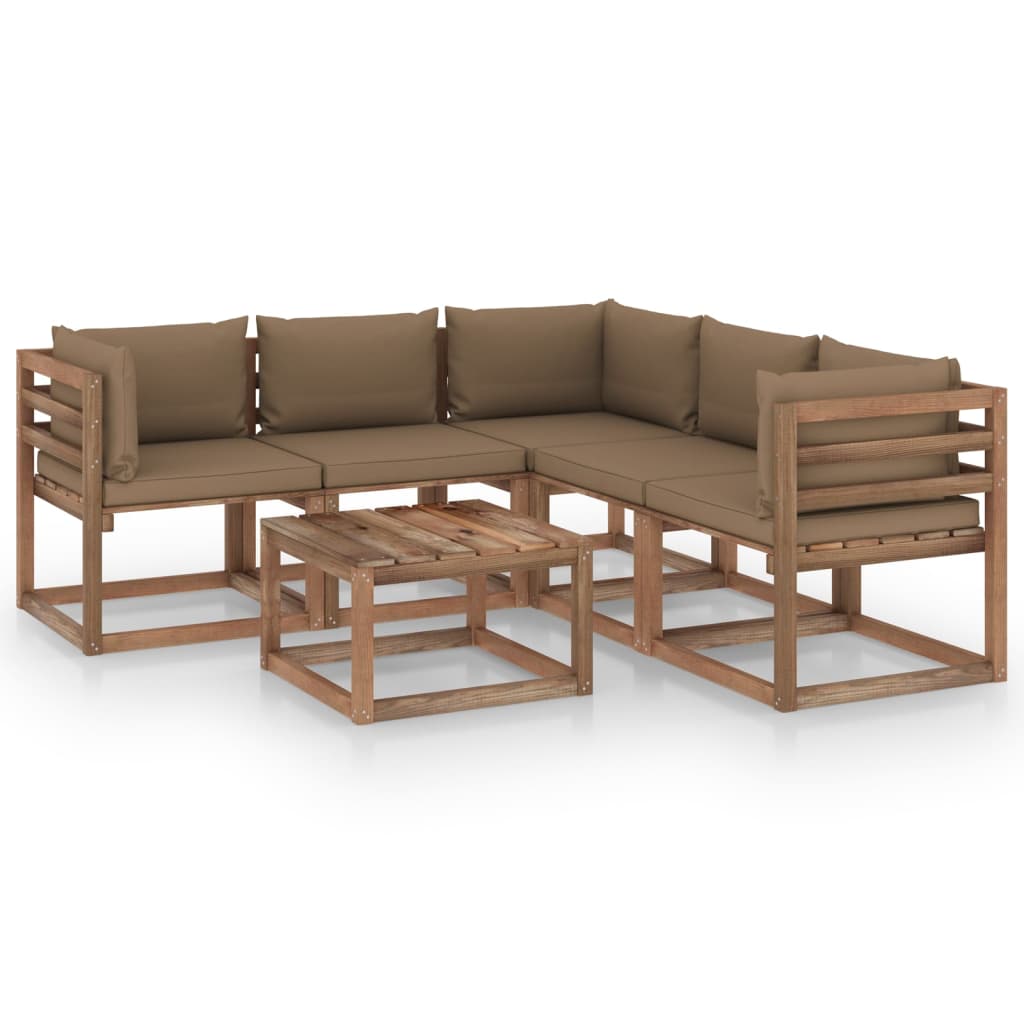  Loungegrupp med taupe dynor 6 delar impregnerad furu