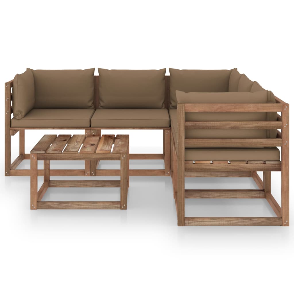  Loungegrupp med taupe dynor 6 delar impregnerad furu