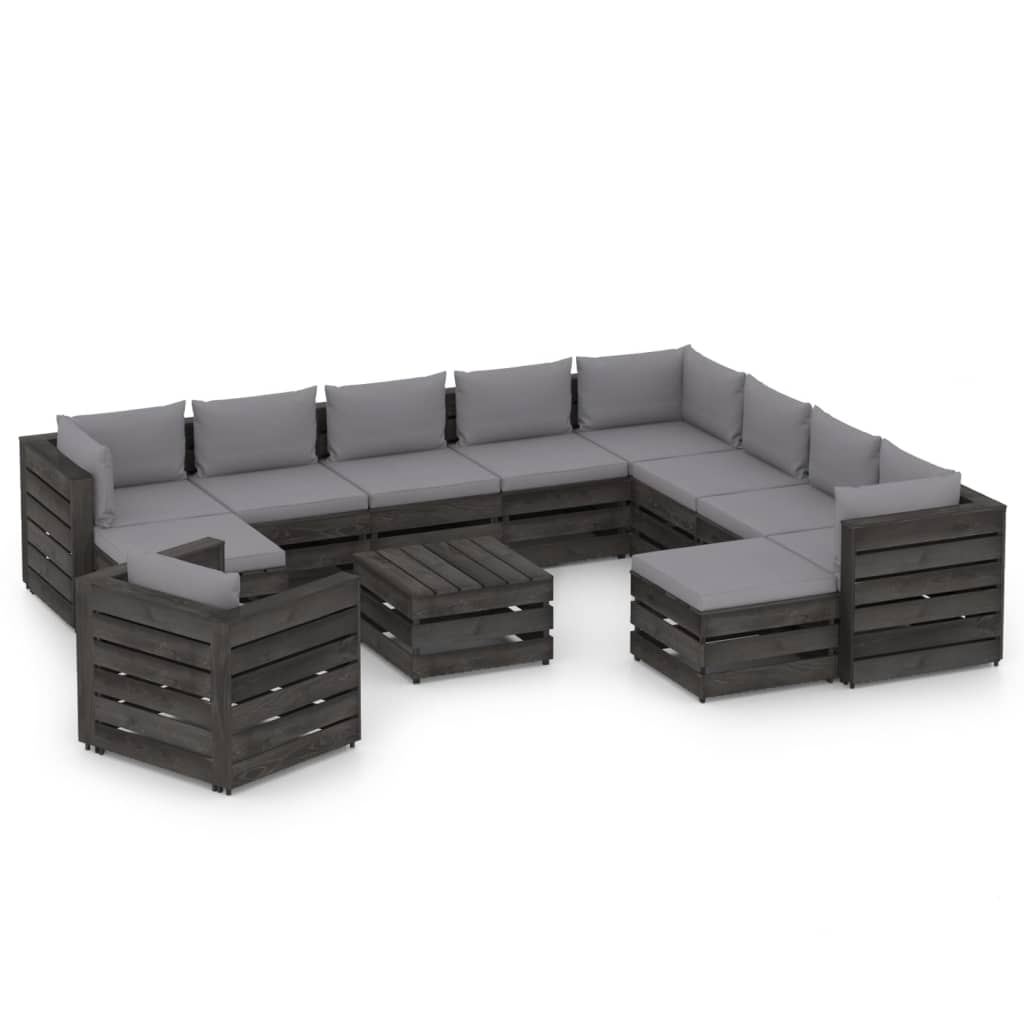  Loungegrupp med dynor 12 delar grå impregnerat trä