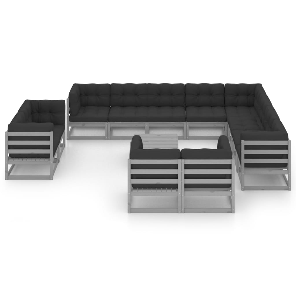  Loungegrupp med dynor 13 delar grå massiv furu
