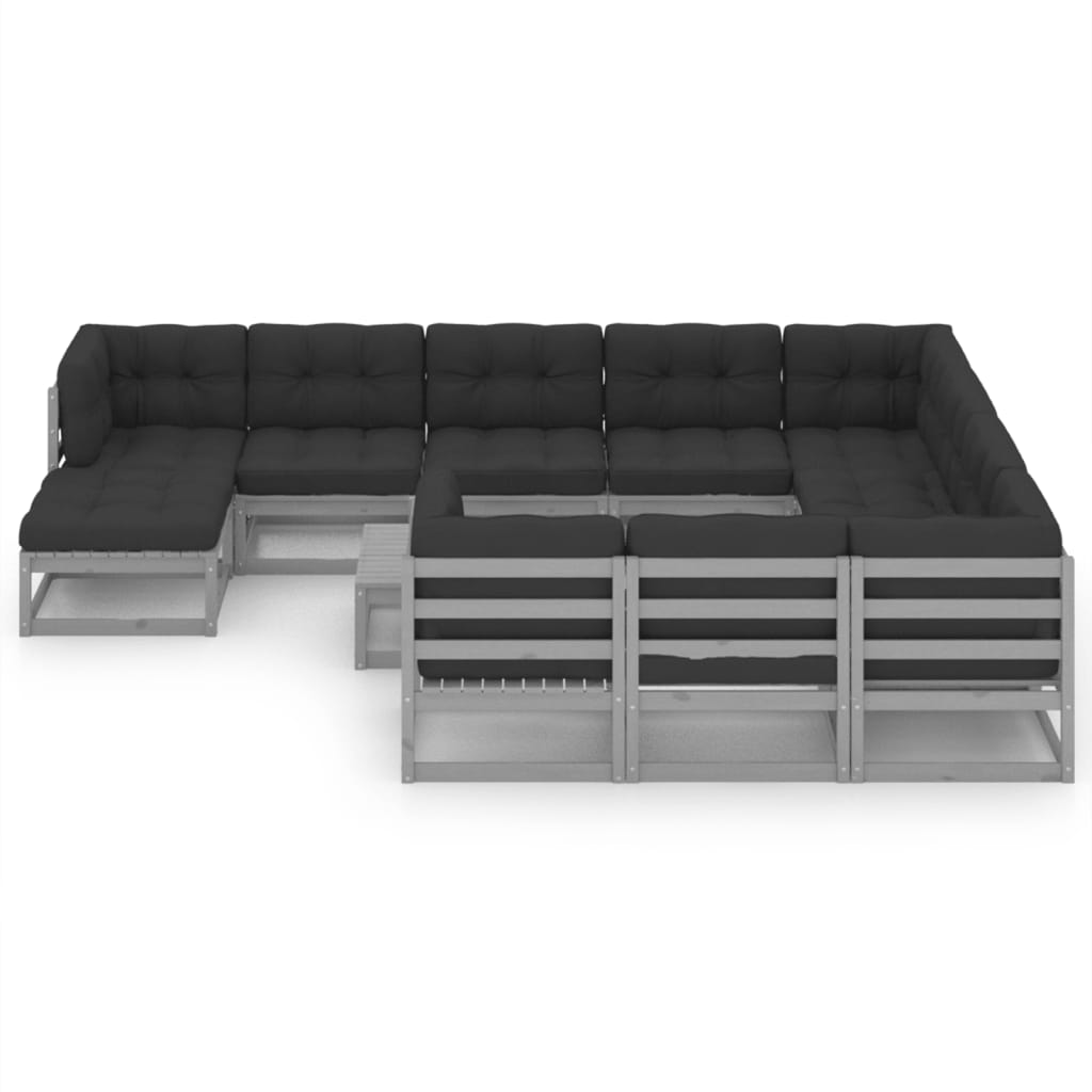  Loungegrupp med dynor 12 delar grå massiv furu