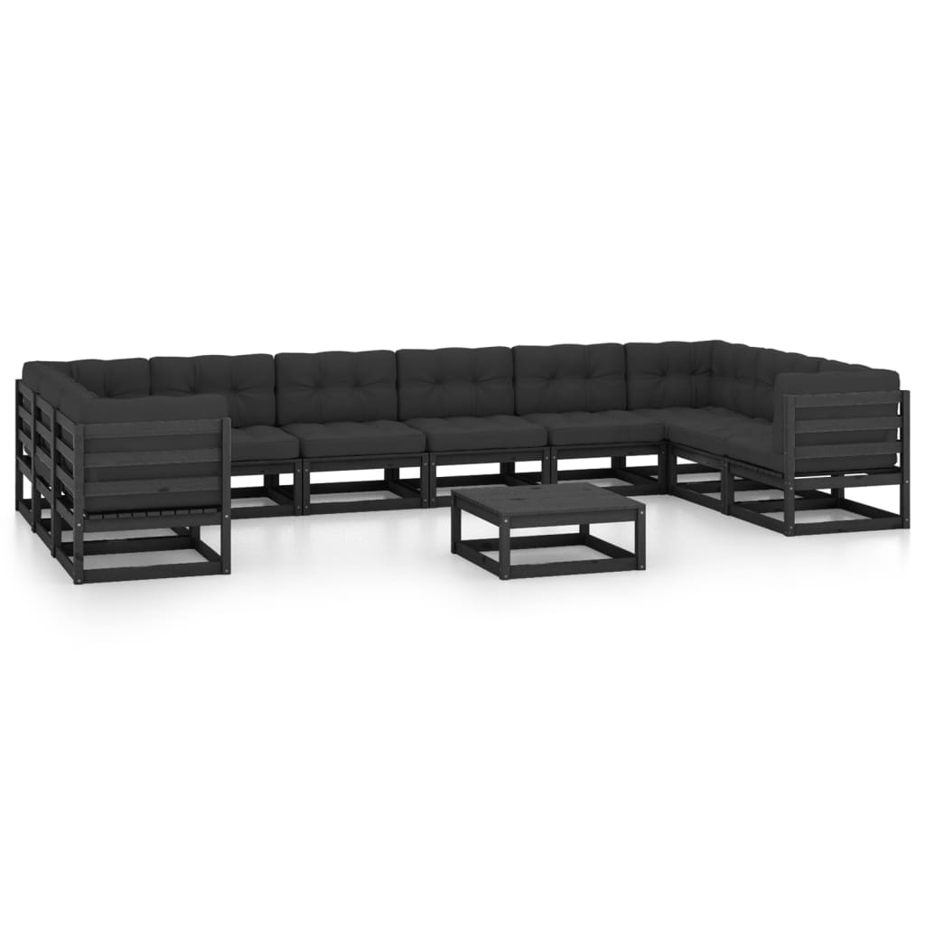  Loungegrupp för trädgården med dynor 11 delar svart massiv furu