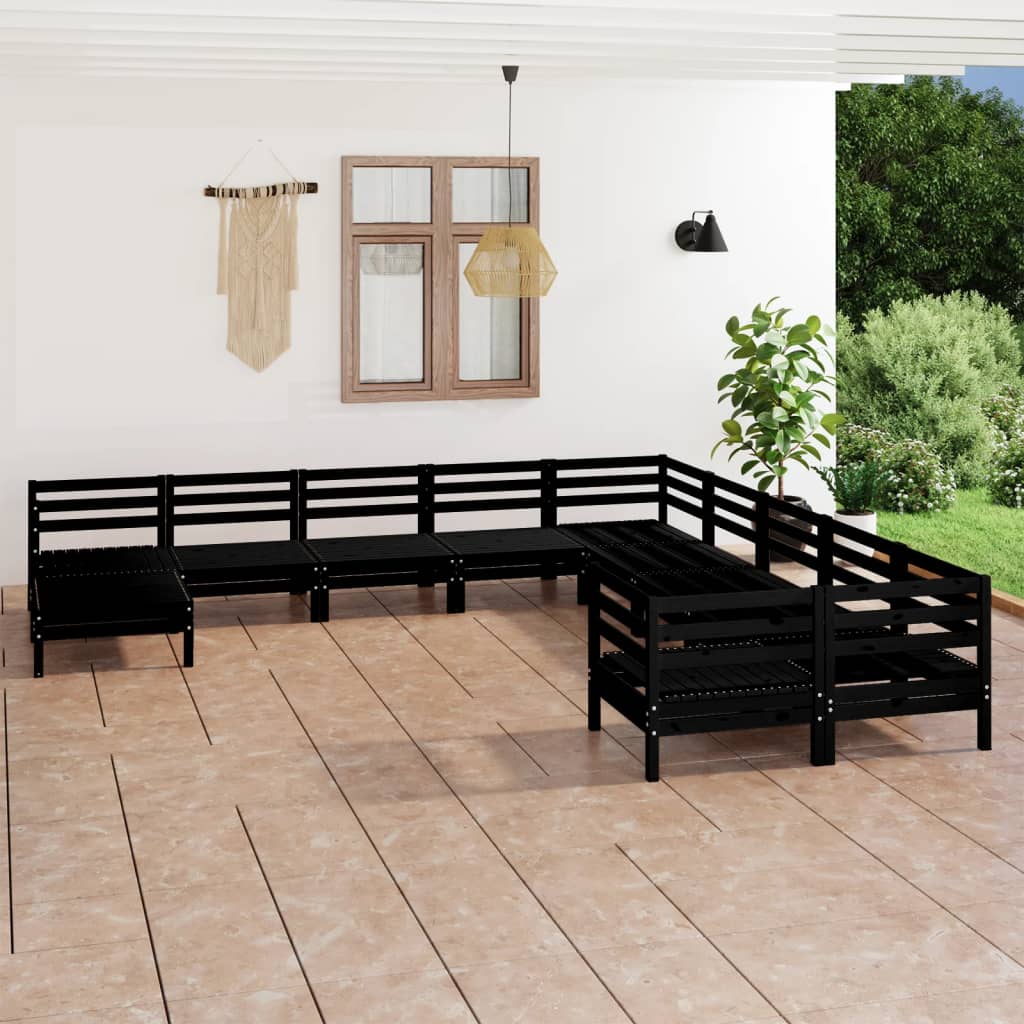  Loungegrupp för trädgården 11 delar svart massiv furu