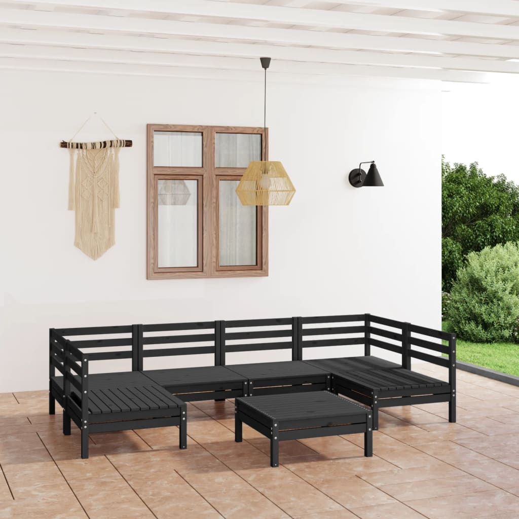  Loungegrupp för trädgården 7 delar svart massiv furu