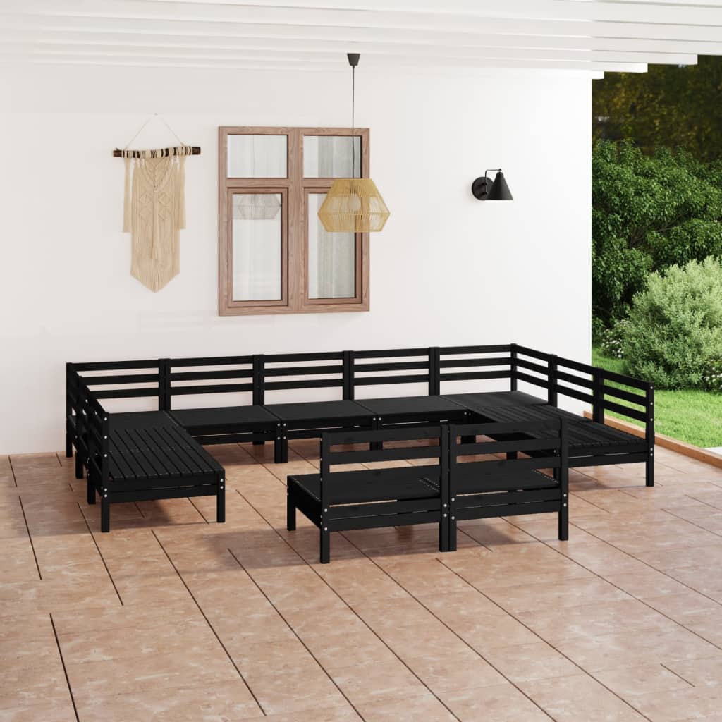  Loungegrupp för trädgården 11 delar svart massiv furu