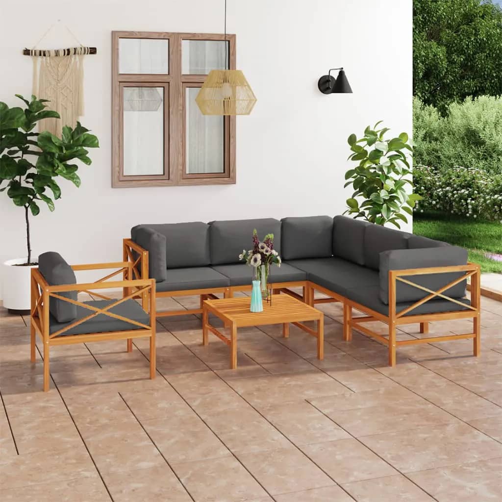  Loungegrupp för trädgården med grå dynor 7 delar massiv teak