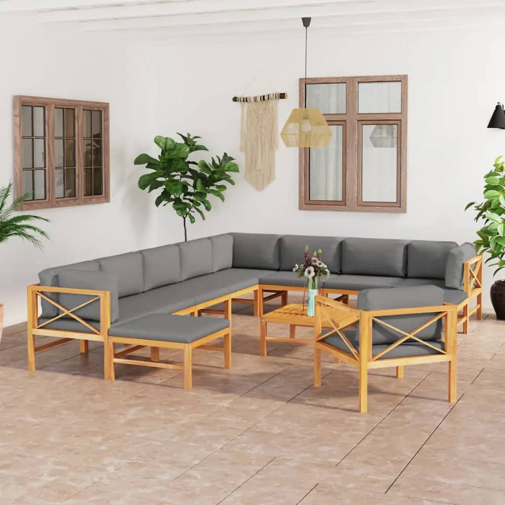  Loungegrupp för trädgården med grå dynor 12 delar massiv teak