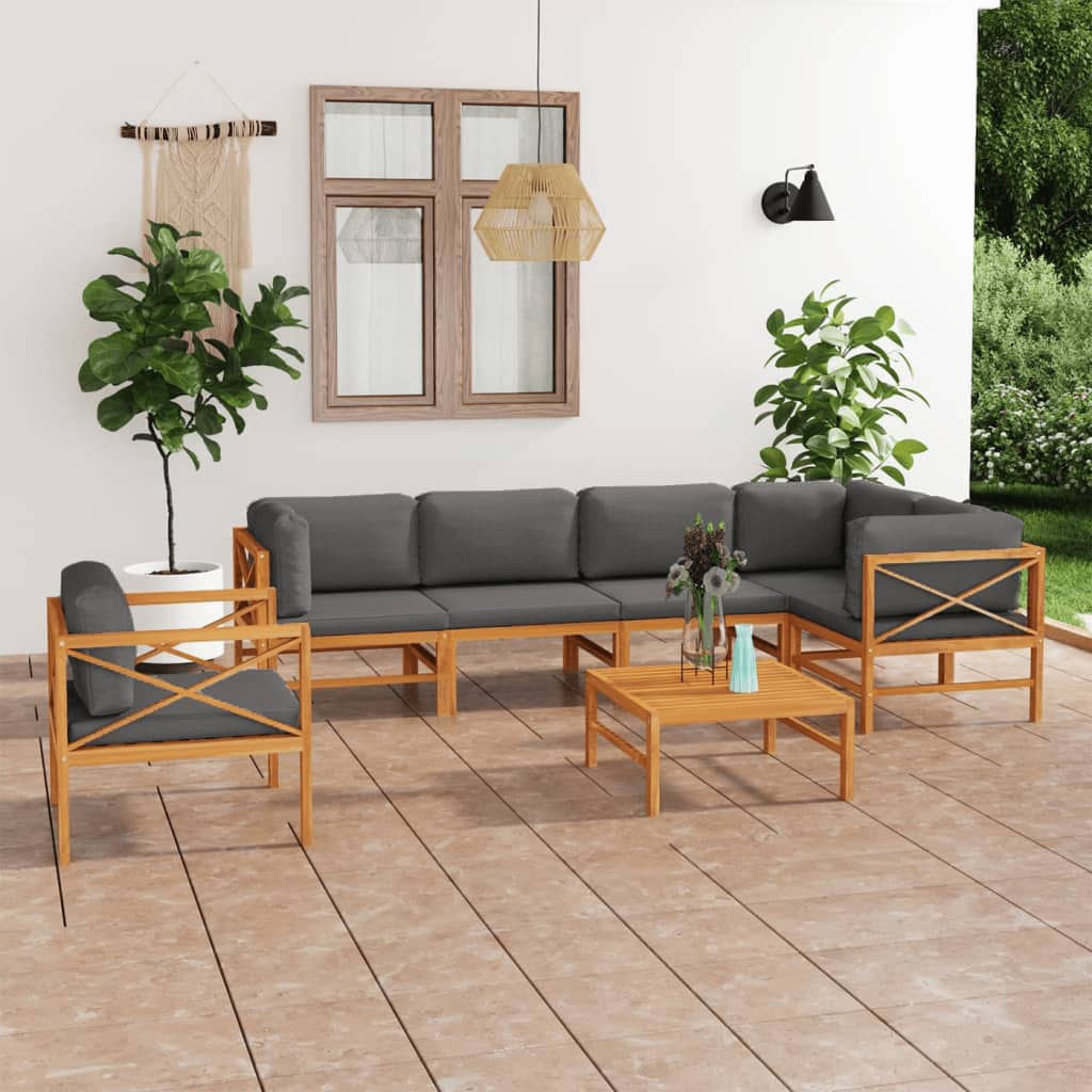  Loungegrupp för trädgården med grå dynor 7 delar massiv teak