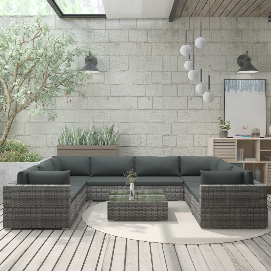  Loungegrupp för trädgården med dynor 9 delar konstrotting grå